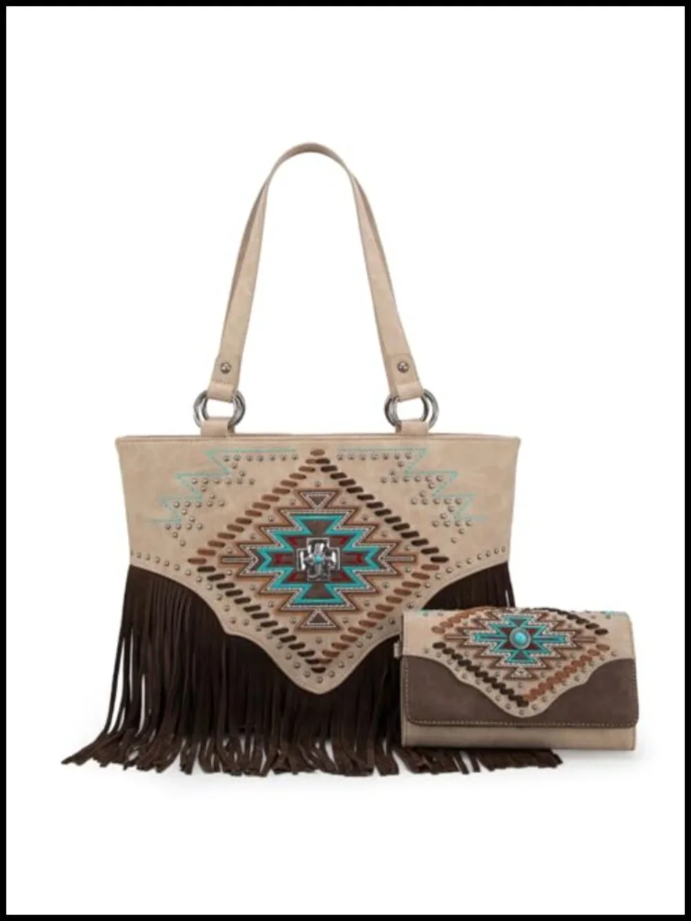 Vegan Leather Western Tote Bag with Wallet Set 2Pcs